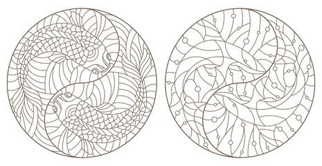 Set of contour illustrations of stained glass Windows with fish in the sign Yin Yang, sharks and crucians, dark contours on a white background