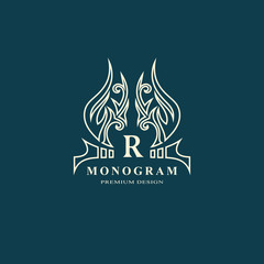 Monogram design elements, graceful template. Calligraphic elegant line art logo design. Capital Letter emblem sign R for Royalty, business card, Boutique, Hotel, Restaurant. Vector illustration