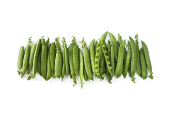 Top view. Green peas isolated on a white background. Fresh green peas on a white background. Studio photo. Isolated macro food photo close up from above on white background.