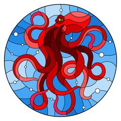 Illustration in stained glass style with abstract red octopus against a blue sea and bubbles,round picture © Zagory