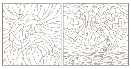 Set of contour illustrations of stained glass Windows with fish, dolphins and fish sword, dark contours on white background