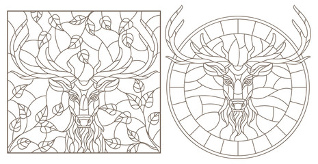 A set of contour illustrations of stained glass Windows with a deer head, round and rectangular image, dark contours on a white background
