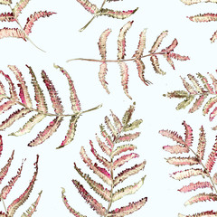 Seamless Realistic Watercolor Greenery Pattern. Hand Drawn Fern Leaves and Branches Print. Summer, Spring Forest Herbs, Plants Texture. Foliage in Vintage Style. Nature Eco Friendly Concept. Textile