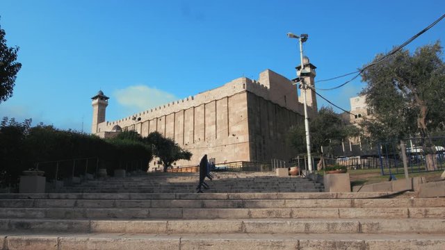 Hebron, Al Khalil, Palestine, West Bank. Side dolly left, the Ibrahimi Mosque, Al Haram Al Ibrahimi, The Cave of the Patriarchs, southern view. 4K footage