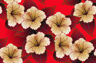 ivory hibiscus flowers seamless pattern on red