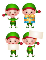 Set of christmas illustrations of an Elf or leprechaun with a blank sign and a gift