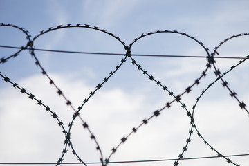 Spiral wire fence (barbed wire) against the sky