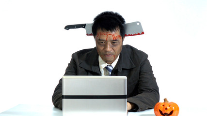 Devil using computer contract business in halloween themes