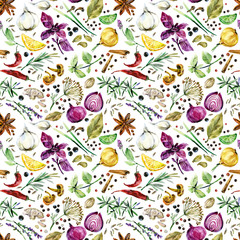 herbs and spices seamless pattern. watercolor botanical illustration background