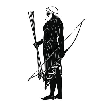 The Hero Of The Ancient Greek Myths Odysseus. Warrior With A Weapon Isolated On A White Background. Archer With A Bow And Arrows In His Hands.