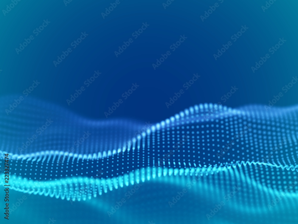 Poster abstract digital landscape or waves with flowing particles. big data or technology background. visua