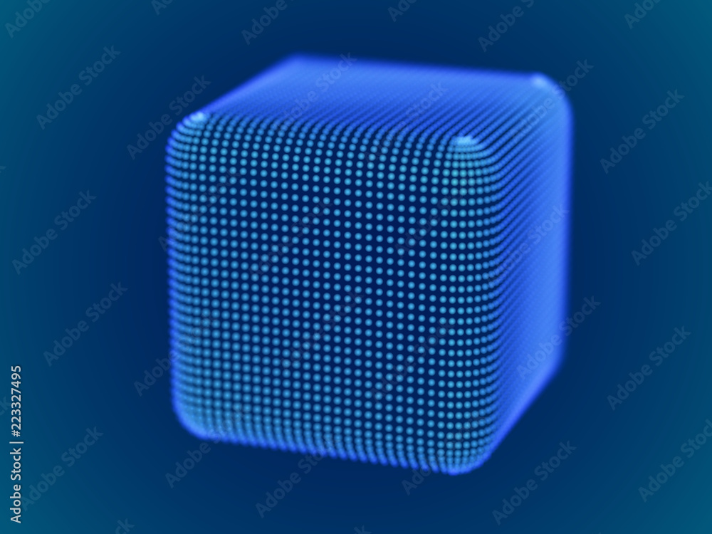 Poster cyber space concept: 3d digital cube consisting of glowing particles. cyber security, big data, data