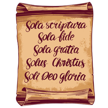 Quinque sola, five foundations of Protestant theology, reformation, Calligraphy lettering text symbol of Christianity hand drawn vector illustration sketch