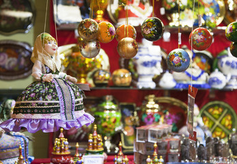 Moscow, Russia - January 18, 2018: Red Square, Russian Souvenir counter with nested dolls.