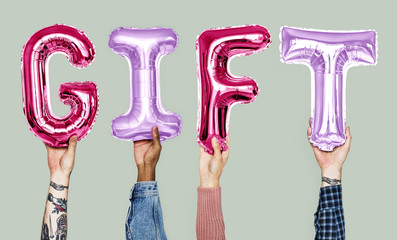 Hands showing gift balloons word