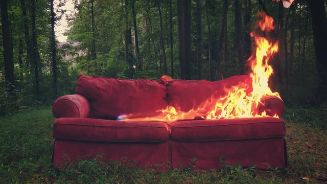 Red couch burning in the forest.