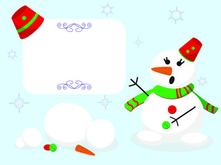 Vector blank snowmen and a place for a label or photo. Children's cartoon character on a blue background with snowflakes
