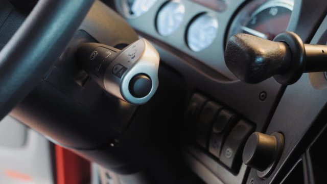 Close shot rack focus. DAF XF truck interior driving cabin. 4k footage