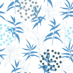 Modern vector seamless pattern, botanical motif with stylized twigs  and simple geometric shapes like circles.