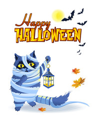 Halloween background with cat dressed as a Mummy, lantern, moon and bats. Good for greetings design. Vector illustration.