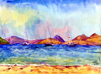 watercolor painting landscape sailboats in the sea - 223331072