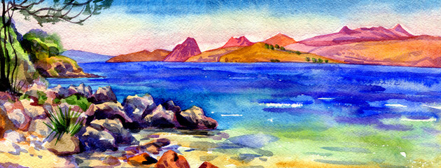 landscape marine panoramic watercolor painting