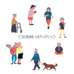 Recreation and leisure senior activities concept. Group of active old people. Elder people vector background. Cartoon elderly female vector character.