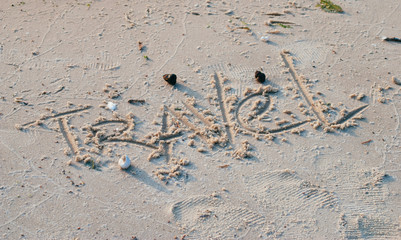 Travel inscription on the sand, seashells on the beach,