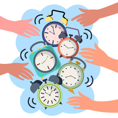 Hands turn off alarms. Colorful flat style. Cartoon vector illustration
