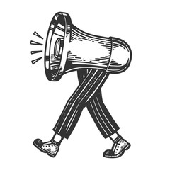 Loudspeaker walks on its feet engraving vector illustration. Scratch board style imitation. Black and white hand drawn image.