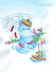 Cute little hippo with a frog. Summer, small river, glade. Perfect for kids print, birthday cards design, books, invitations.  An illustration is drawn in colored pencils.
