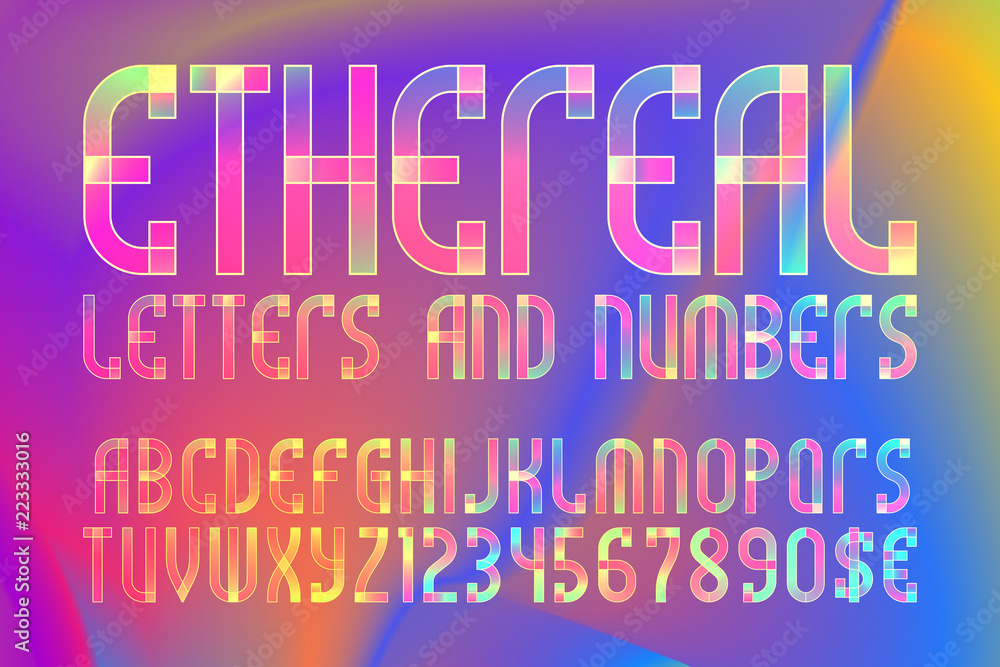 Fototapete ethereal letters and numbers with currency symbols. colorful translucent font on iridescent backgrou