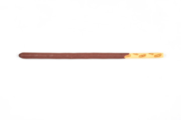 Biscuit sticks in chocolate coating on white background. Chocolate, cookies, biscuits coated bar.