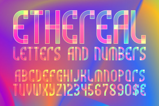 Ethereal letters and numbers with currency symbols. Colorful translucent font on iridescent background.
