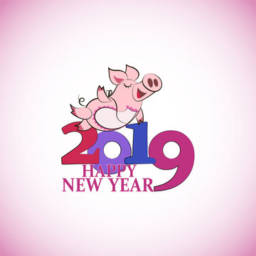 Funny pink pig. Happy New Year. Chinese symbol of the 2019 year. Greeting card, festive gift card with a festive greeting. Chinese New Year.