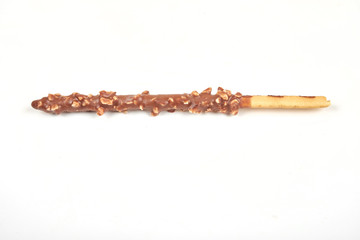 Biscuit stick with chocolate and almond isolated on white background.