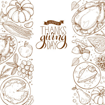 Happy thanksgiving day greeting card template. Thanksgiving poster with roasted turkey, pumpkin pie and aconrs sketches. Horizontal composition with text.