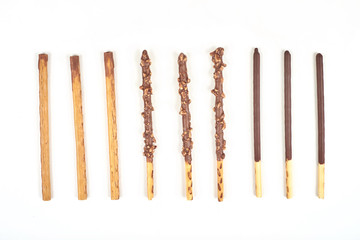set of chocolate biscuit stick isolated on white background.