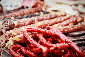 various tasty meat delicacy, bacon, sausages ham