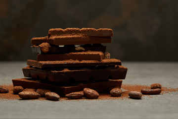 close-up view of sweet gourmet chocolate pieces with nuts and cocoa beans on grey