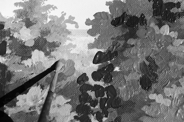 A fragment of the picture. artist's brush to apply paint to the picture, paints the trees