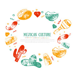 Grunge Mexican Culture frame for Food Restaurant menu, logo, template design with sketch icons of Chili pepper, sombrero, tacos, nacho, burrito.