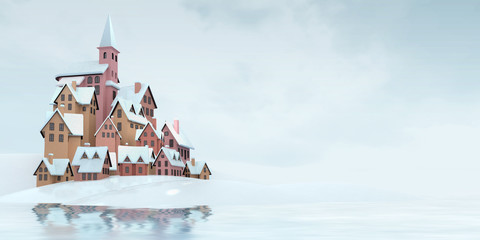 Obraz na płótnie Canvas village with church on the top with water reflections, winter seasonal countryside 3D illustration 