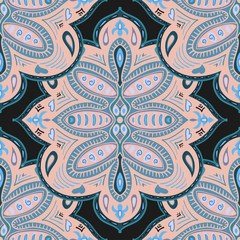 Abstract seamless background of bright ornate elements. Decorative pattern. Colorful mandala ornaments.