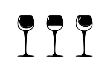 Vector illustration of 3 black silhouettes wineglasses with wine