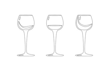Vector illustration of 3 lined silhouette wineglasses with wine