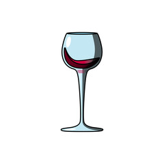 Vector illustration of cartoon blue wineglass with red wine with small wave of beverage in the glass