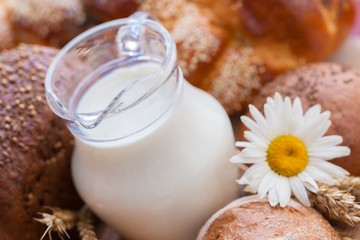 Jug of Milk with Bread and Wheat Spikes