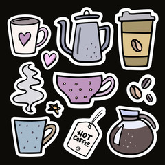 Coffee big set handdrawn stickers. Vector illustration of coffee cup, coffee pot