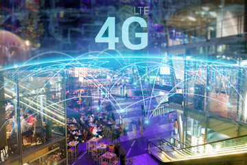 Aerial shot of a large metropolitan city where you can see graphics that connect all the people of the world thanks to the internet. Concept of: speed, future, connection.